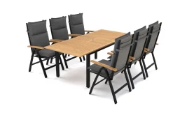 Villana Lagos Garten-Essgruppe, 6 Personen inkl. Sitzkissen, ausziehbarer Tisch 150–200 cm, Aluminium/Eukalyptusholz FSC®-zertifiziert