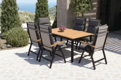 Villana Lagos Garten-Essgruppe, 6 Personen inkl. Sitzkissen, ausziehbarer Tisch 150–200 cm, Aluminium/Eukalyptusholz FSC®-zertifiziert