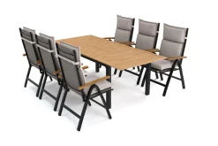 VILLANA Lagos Garten-Essgruppe, schwarz/dunkelgrau, Alu/Eukalyptus/Textilene, 150/200 x 90 cm, ausziehbar, klappbar, witterungsbeständig, FSC®-zertifiziertes Produkt