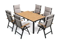 VILLANA Lagos Garten-Essgruppe, schwarz/dunkelgrau, Alu/Eukalyptus/Textilene, 150/200 x 90 cm, ausziehbar, klappbar, witterungsbeständig, FSC®-zertifiziertes Produkt