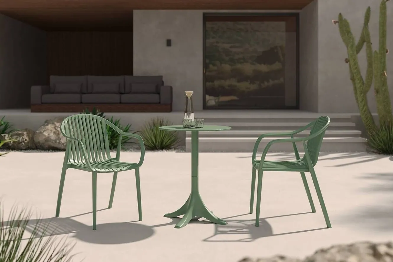 VILLANA Pico Curve Balkon-Set, pestogrün, Kunststoff, Tisch Ø 70 cm und 2 Stapelsessel, UV- und wetterfest