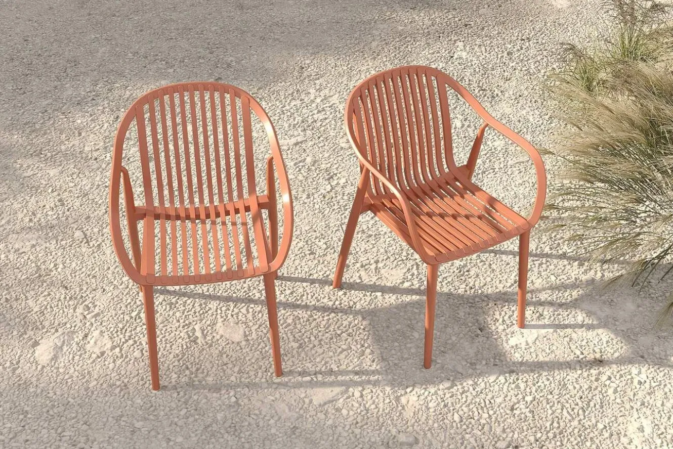 VILLANA Pico Curve Balkon-Set, ziegelrot, Kunststoff, Tisch Ø 70 cm und 2 Stapelsessel, UV- und wetterfest