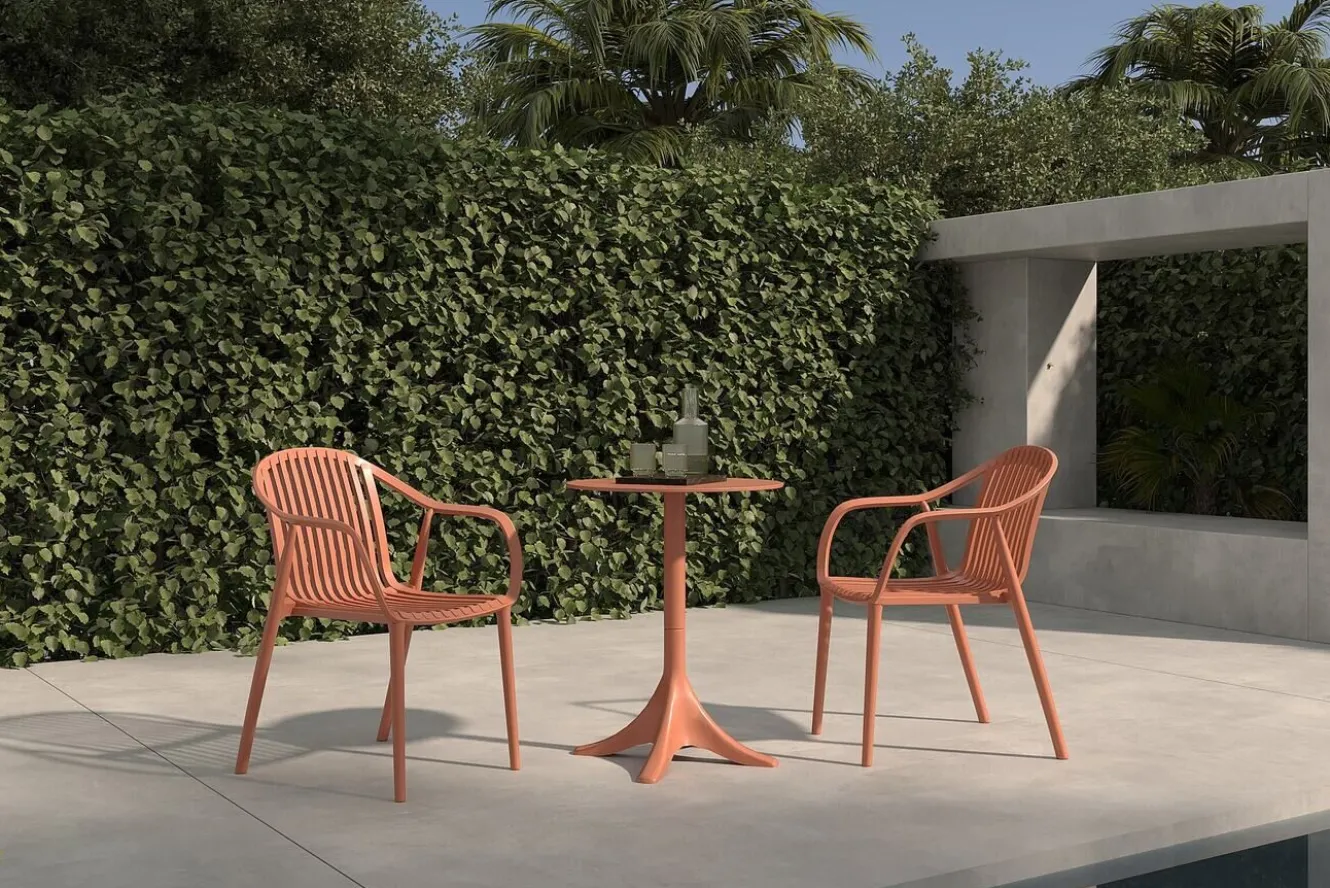 VILLANA Pico Curve Balkon-Set, ziegelrot, Kunststoff, Tisch Ø 70 cm und 2 Stapelsessel, UV- und wetterfest