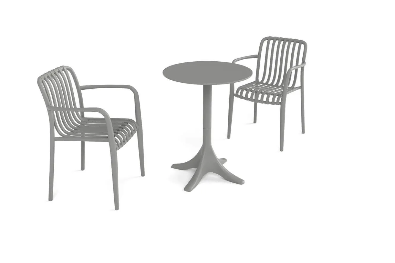 VILLANA Pico Soft Balkon-Set, grau, Kunststoff, Tisch Ø 70 cm und 2 Stapelsessel, UV-beständig, wetterfest
