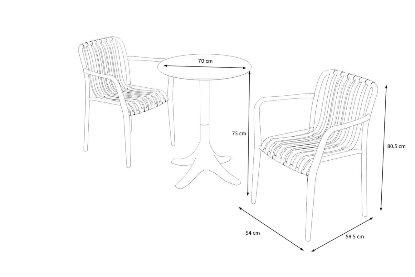 VILLANA Pico Soft Balkon-Set, grau, Kunststoff, Tisch Ø 70 cm und 2 Stapelsessel, UV-beständig, wetterfest