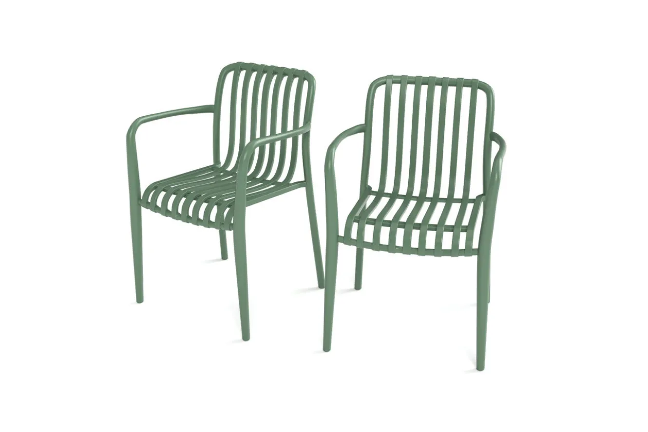 VILLANA Pico Soft Balkon-Set, pestogrün, Kunststoff, Tisch Ø 70 cm und 2 Stapelsessel, UV-beständig, wetterfest