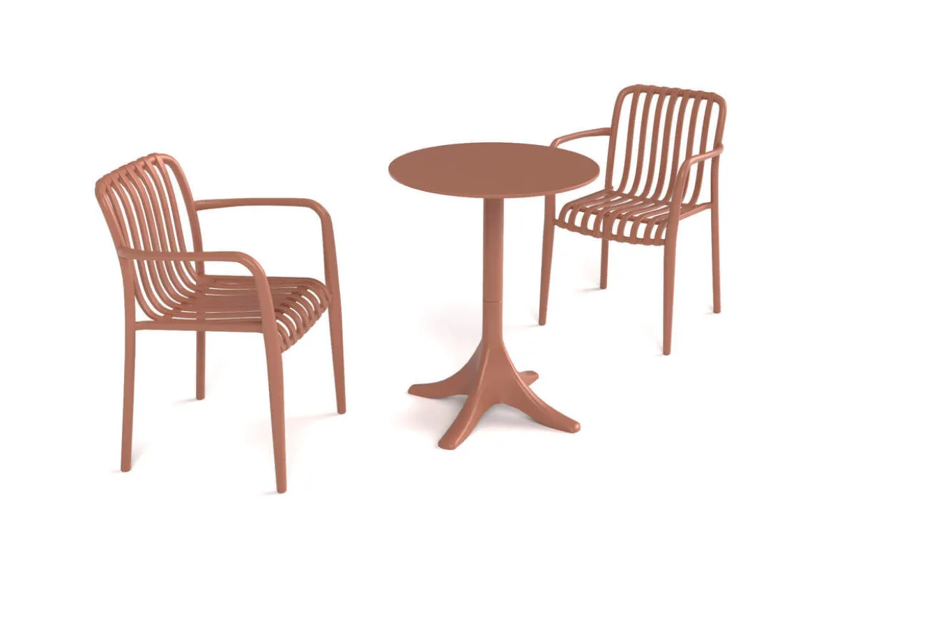 VILLANA Pico Soft Balkon-Set, ziegelrot, Kunststoff, Tisch Ø 70 cm und 2 Stapelsessel, UV-beständig, wetterfest