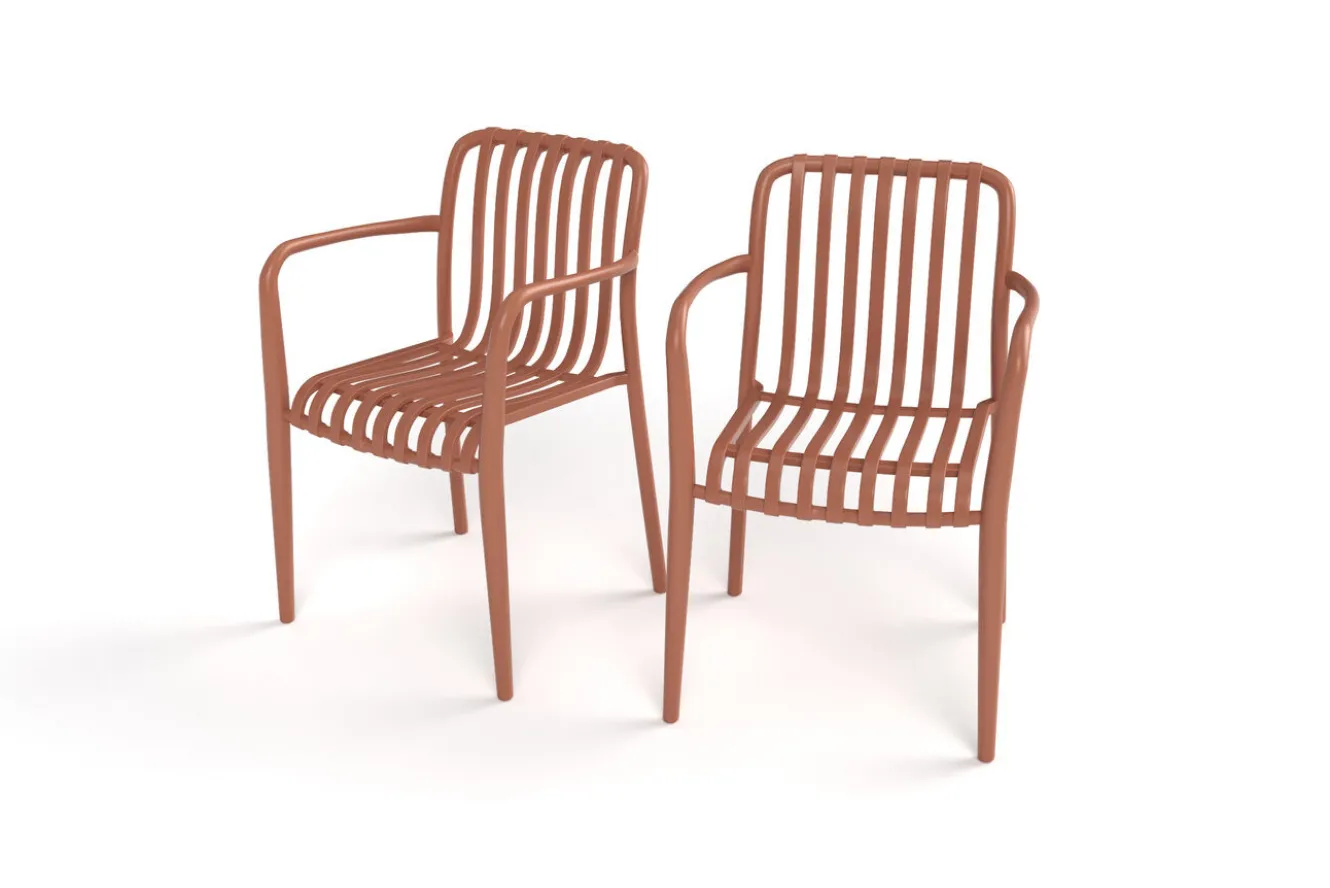 VILLANA Pico Soft Balkon-Set, ziegelrot, Kunststoff, Tisch Ø 70 cm und 2 Stapelsessel, UV-beständig, wetterfest