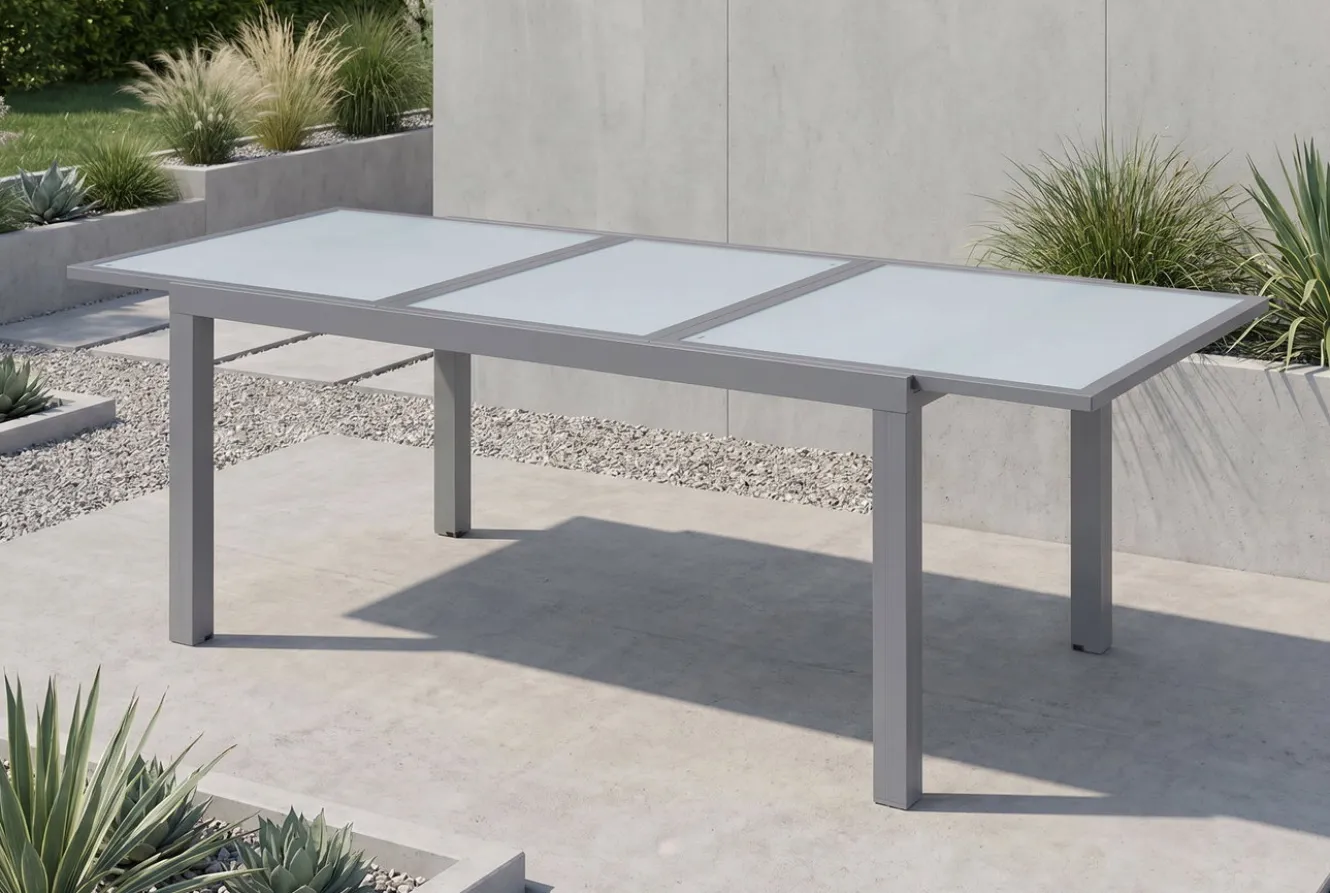 VILLANA Sylvania Ausziehtisch, silber/weiß, Alu/Sicherheitsglas, 160/220x90 cm, Flügelmechanismus