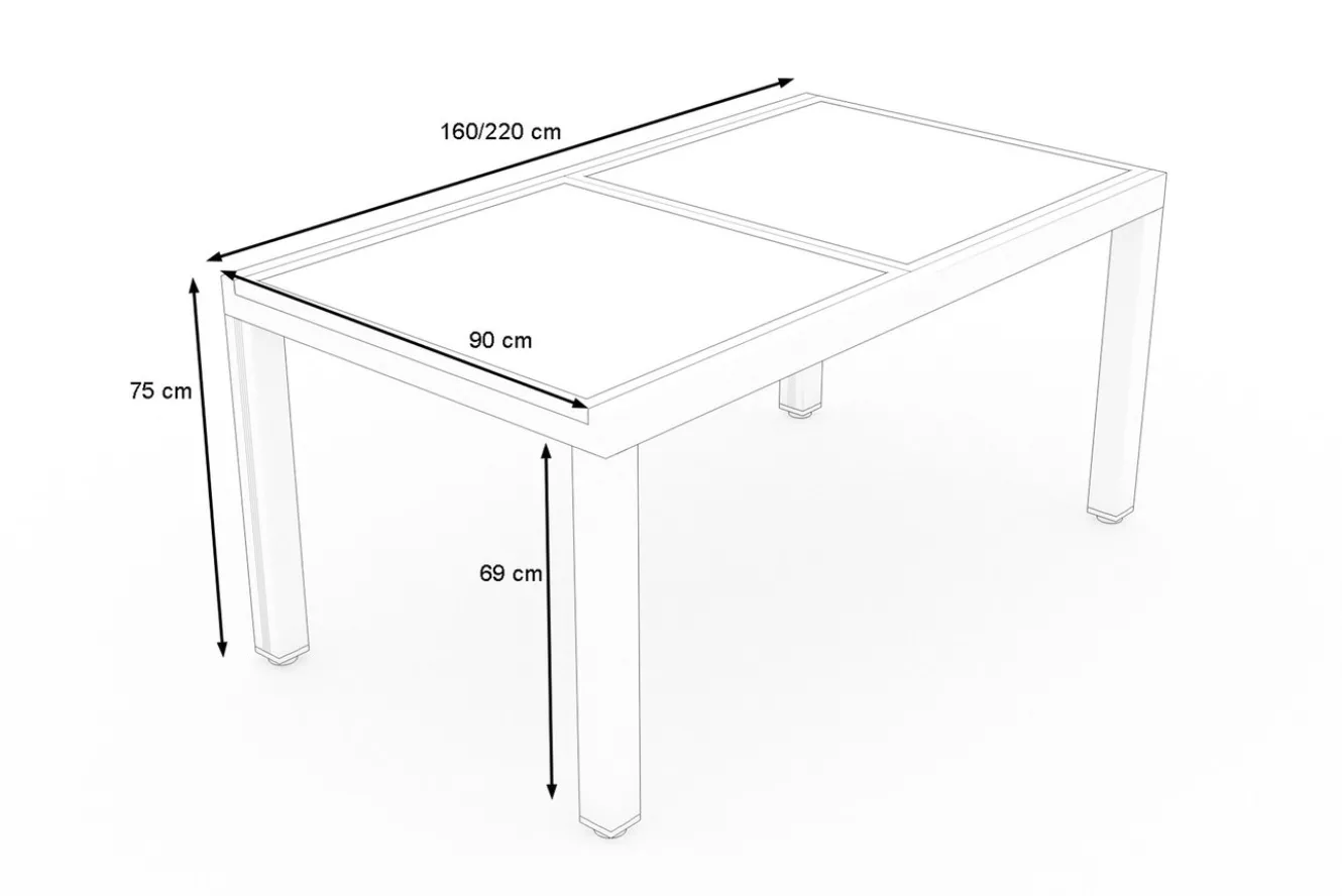 VILLANA Sylvania Ausziehtisch, silber/weiß, Alu/Sicherheitsglas, 160/220x90 cm, Flügelmechanismus