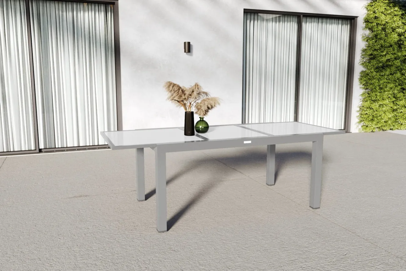 VILLANA Sylvania Ausziehtisch, silber/weiß, Alu/Sicherheitsglas, 160/220x90 cm, Flügelmechanismus