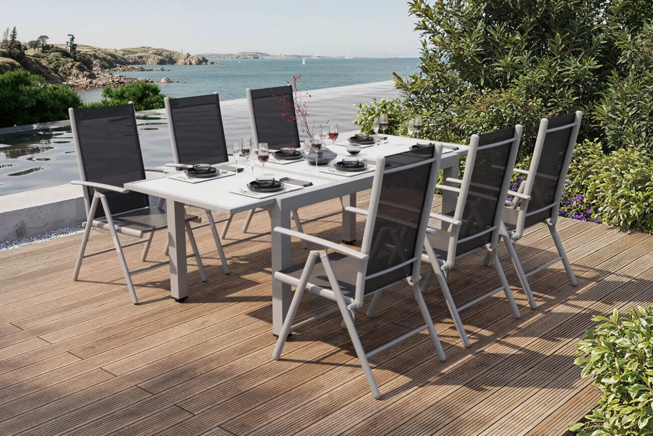 Villana Sylvania Garten-Essgruppe, 6 Personen, ausziehbarer Tisch 160–220 cm, Aluminium/Textil