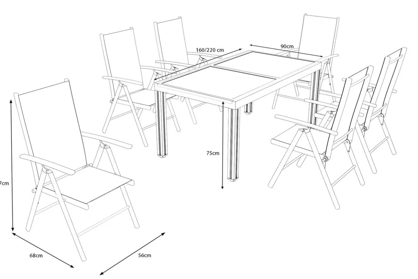 Villana Sylvania Garten-Essgruppe, 6 Personen, ausziehbarer Tisch 160–220 cm, Aluminium/Textil
