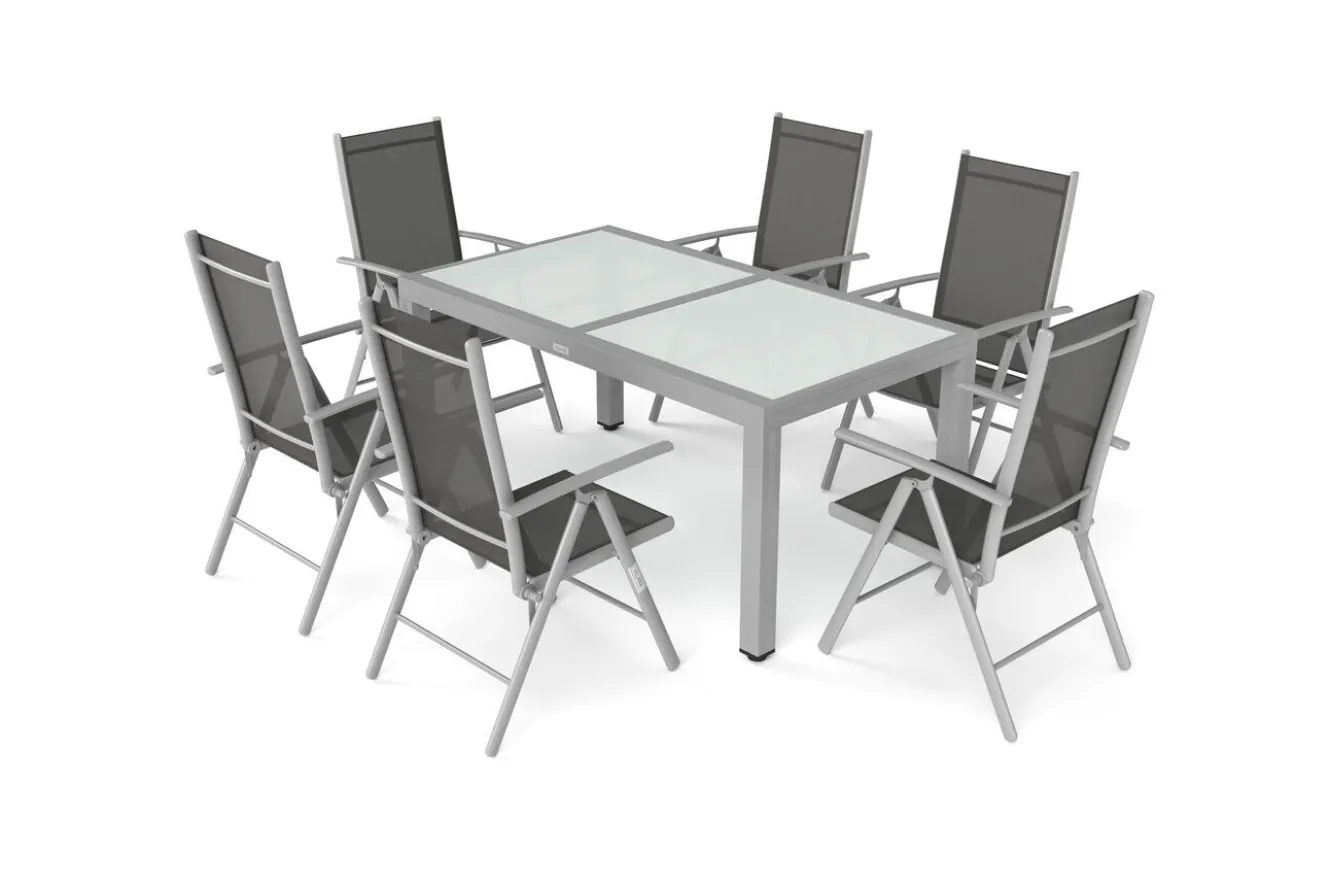 Villana Sylvania Garten-Essgruppe, 6 Personen, ausziehbarer Tisch 160–220 cm, Aluminium/Textil
