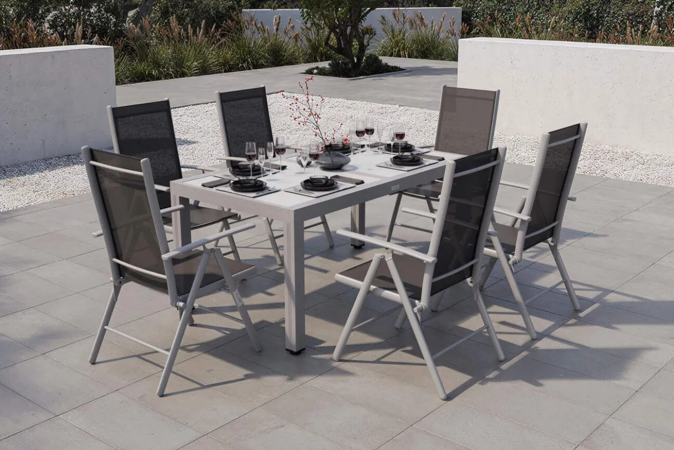 Villana Sylvania Garten-Essgruppe, 6 Personen, ausziehbarer Tisch 160–220 cm, Aluminium/Textil
