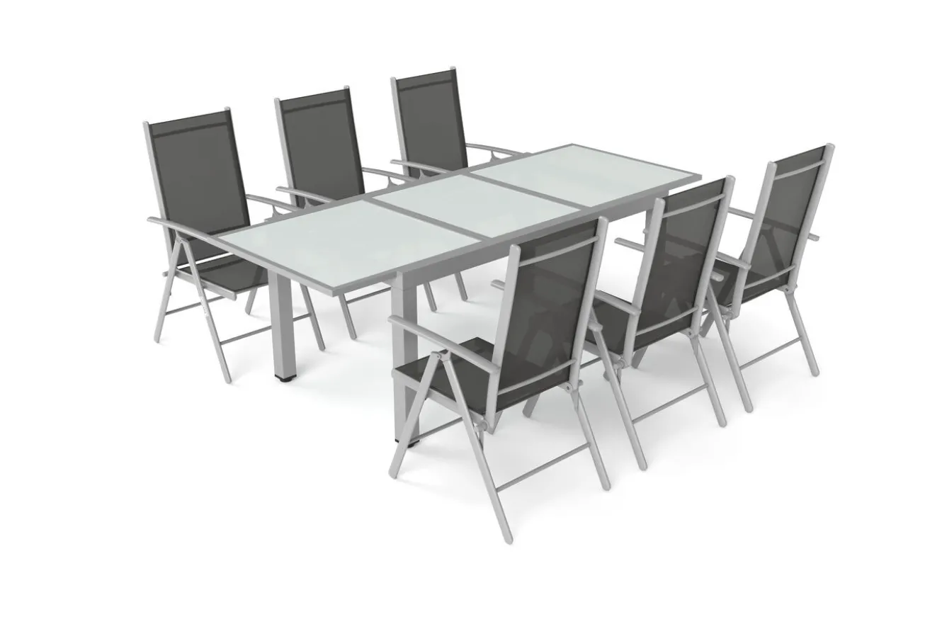 Villana Sylvania Garten-Essgruppe, 6 Personen, ausziehbarer Tisch 160–220 cm, Aluminium/Textil