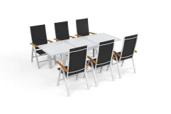 VILLANA Sylvania Garten-Essgruppe mit 6 Klappstühlen, silber/anthrazit, Aluminium/Glas, inkl. Eukalyptus-Armlehnen, ausziehbarer Tisch 160/220 x 90 cm, FSC®-zertifiziertes Produkt