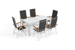 VILLANA Sylvania Garten-Essgruppe mit 6 Klappstühlen, silber/anthrazit, Aluminium/Glas, inkl. Eukalyptus-Armlehnen, ausziehbarer Tisch 160/220 x 90 cm, FSC®-zertifiziertes Produkt