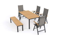 VILLANA Tasmania Garten-Essgruppe mit Bank und 4 Klappstühlen, anthrazit/natur, Aluminium/Eukalyptus, Tischplatte 180 x 90 cm, FSC®-zertifiziertes Produkt