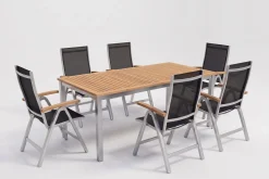 VILLANA Tasmania Garten-Essgruppe mit 6 Klappstühlen, silber, Alu / Eukalyptus / Textilene, Tisch 180 x 90 cm, FSC®-zertifiziertes Produkt