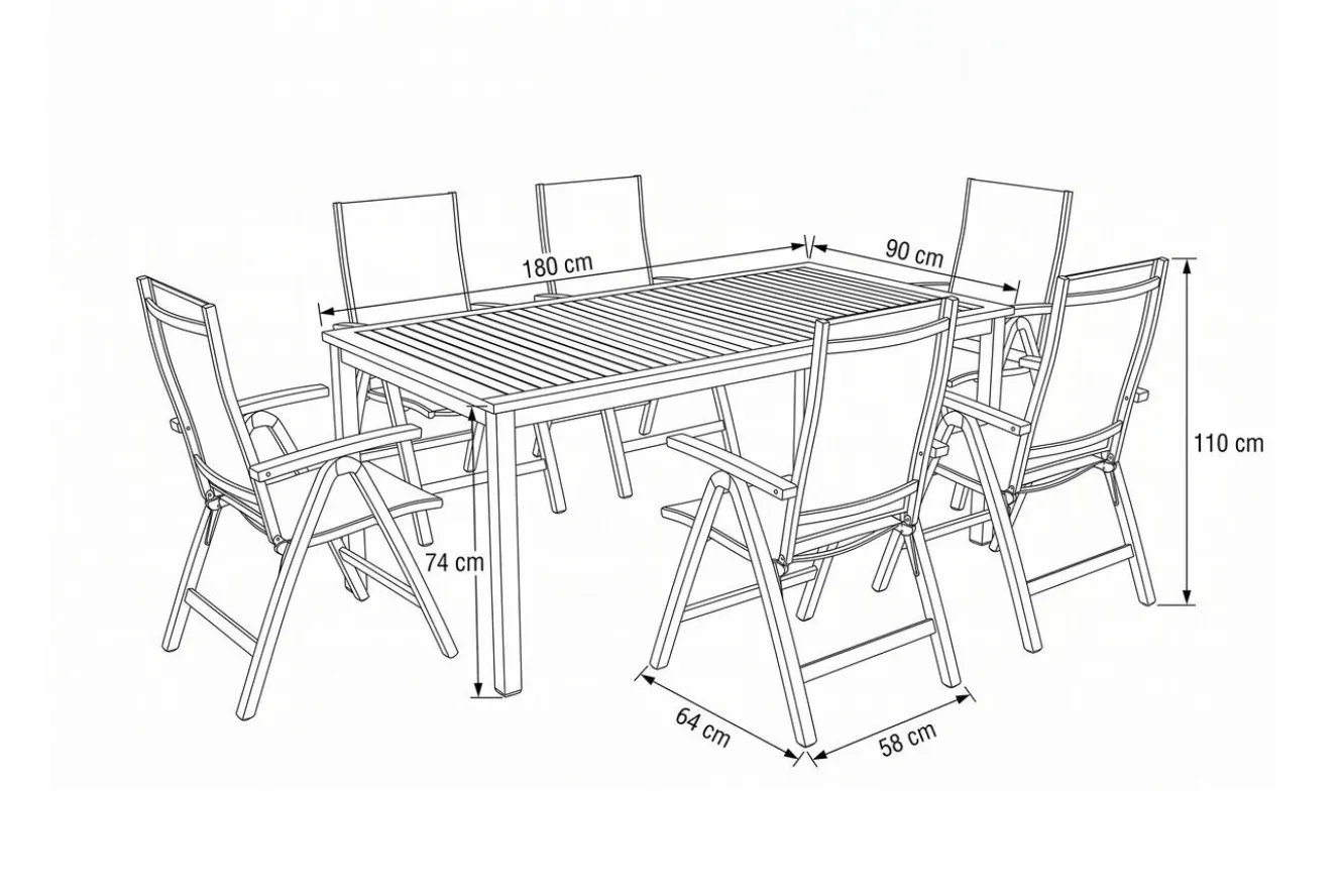VILLANA Tasmania Garten-Essgruppe mit 6 Klappstühlen, silber, Alu / Eukalyptus / Textilene, Tisch 180 x 90 cm, FSC®-zertifiziertes Produkt