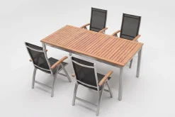 VILLANA Tasmania Garten-Essgruppe, silber, Alu / Eukalyptus / Textilene, Tisch 180 x 90 cm, 4 Klappstühle, FSC®-zertifiziertes Produkt