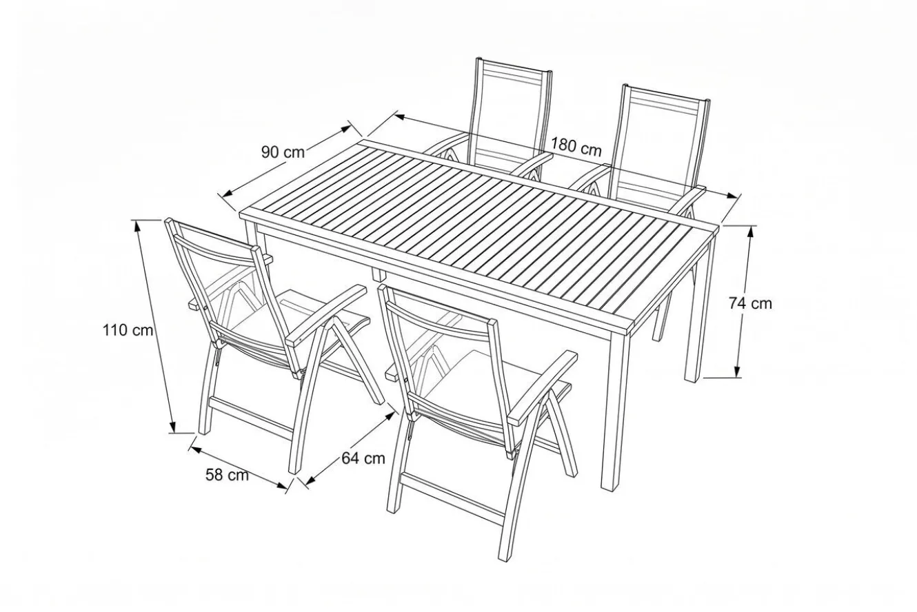 VILLANA Tasmania Garten-Essgruppe, silber, Alu / Eukalyptus / Textilene, Tisch 180 x 90 cm, 4 Klappstühle, FSC®-zertifiziertes Produkt
