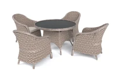 VILLANA Valento Garten-Essgruppe, natur/schwarz, Alu/Polyrattan, Tischplatte rund Ø120 cm, inkl. 4 Sessel
