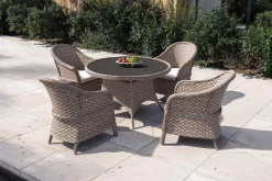 VILLANA Valento Garten-Essgruppe, natur/schwarz, Alu/Polyrattan, Tischplatte rund Ø120 cm, inkl. 4 Sessel