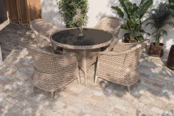 VILLANA Valento Garten-Essgruppe, natur/schwarz, Alu/Polyrattan, Tischplatte rund Ø120 cm, inkl. 4 Sessel